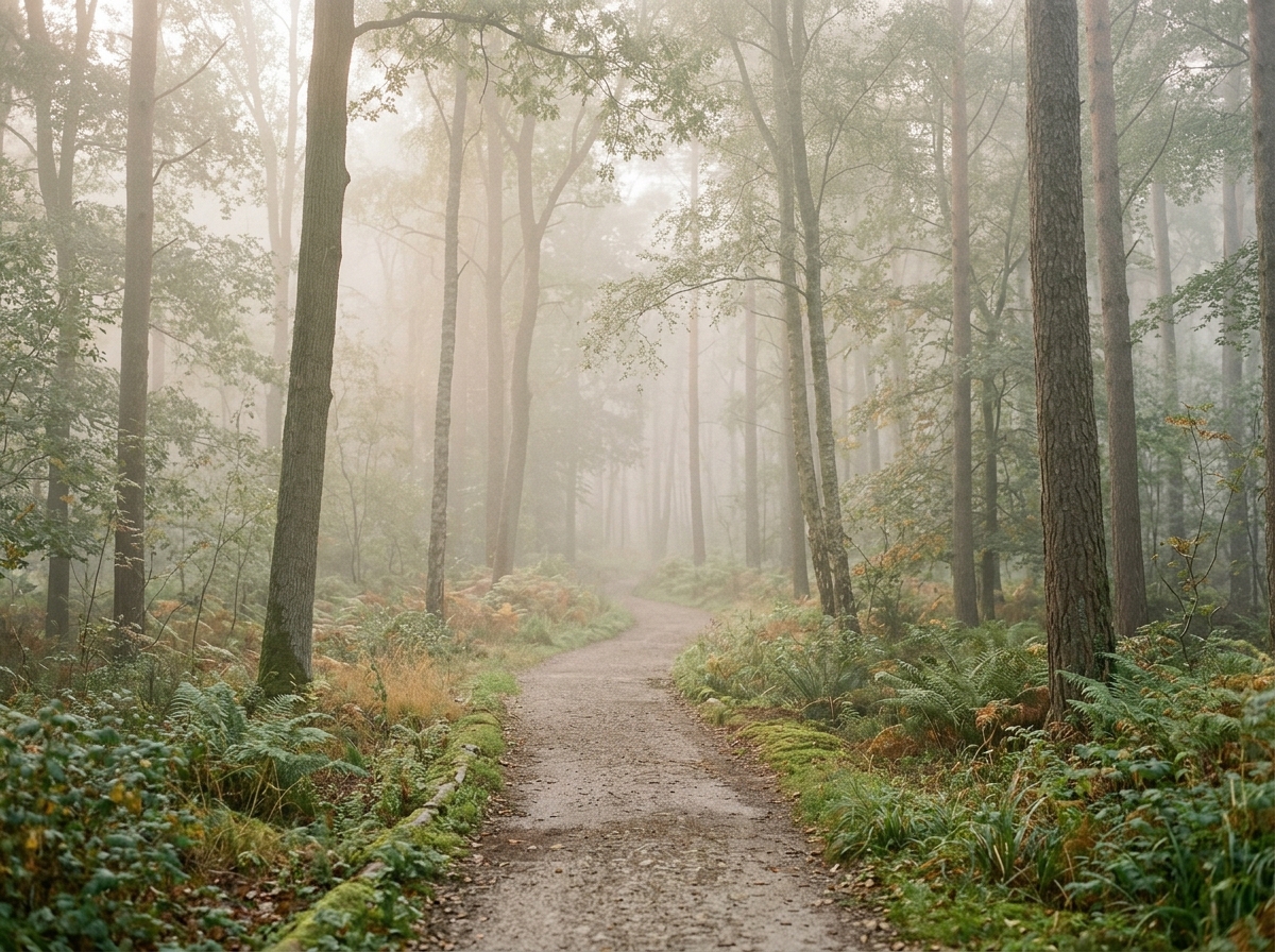 Misty walking path through calm nature