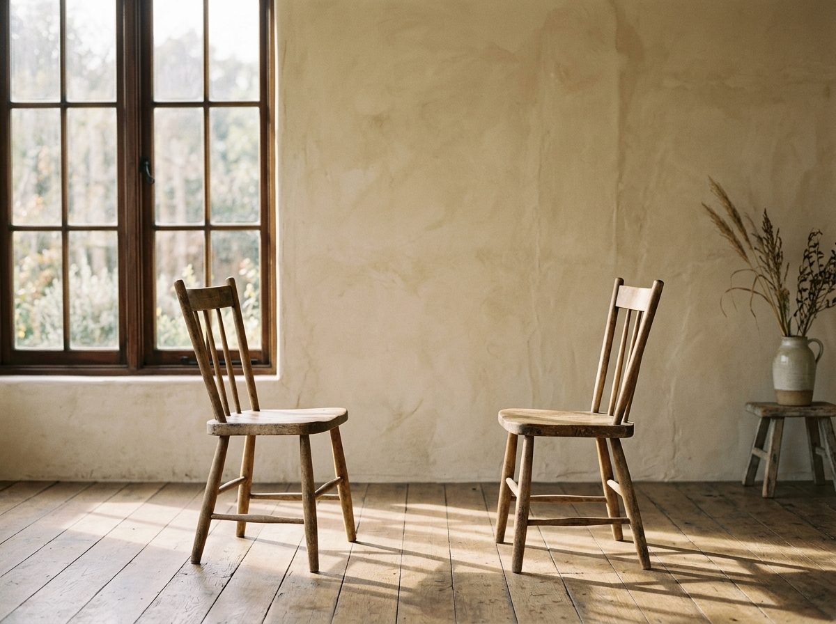 Two simple wooden chairs facing each other in quiet presence